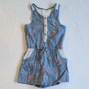 juicy couture girls floral chambray lace cotton romper with buttons size XS 4/5